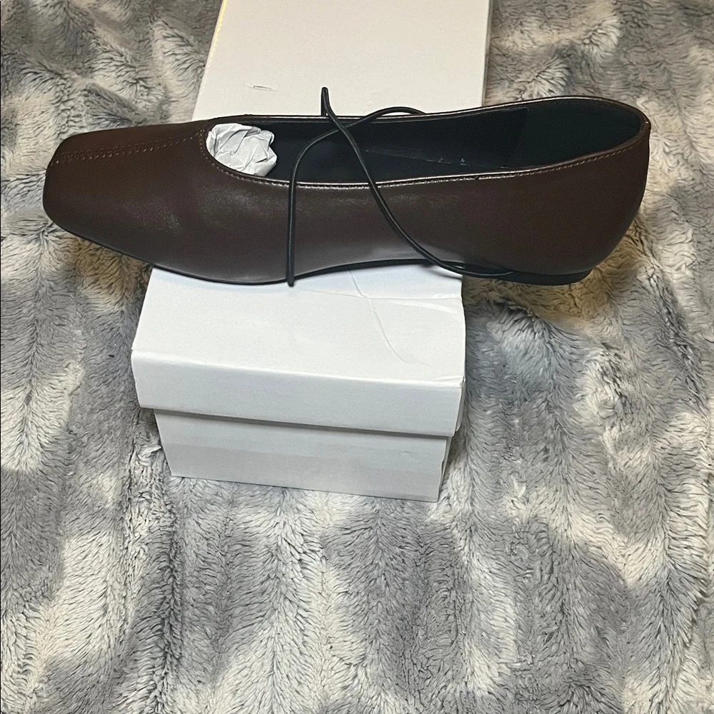 Brown Square-Toe Crisscross Strap Flats - Picture 7 of 17